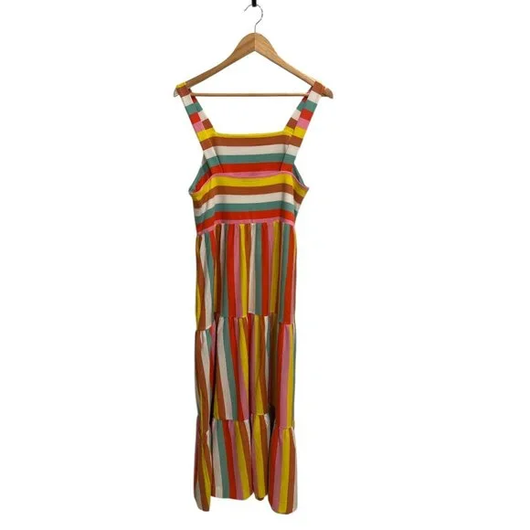 J.Crew Rainbow Stripe Maxi Dress M Cotton Tiered Resort Beach 53” - Picture 3 of 8